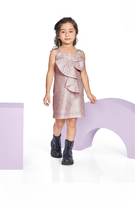 Rose Gold Shimmer Bow Short Frock | Party Wear Kids Outfit for Girls