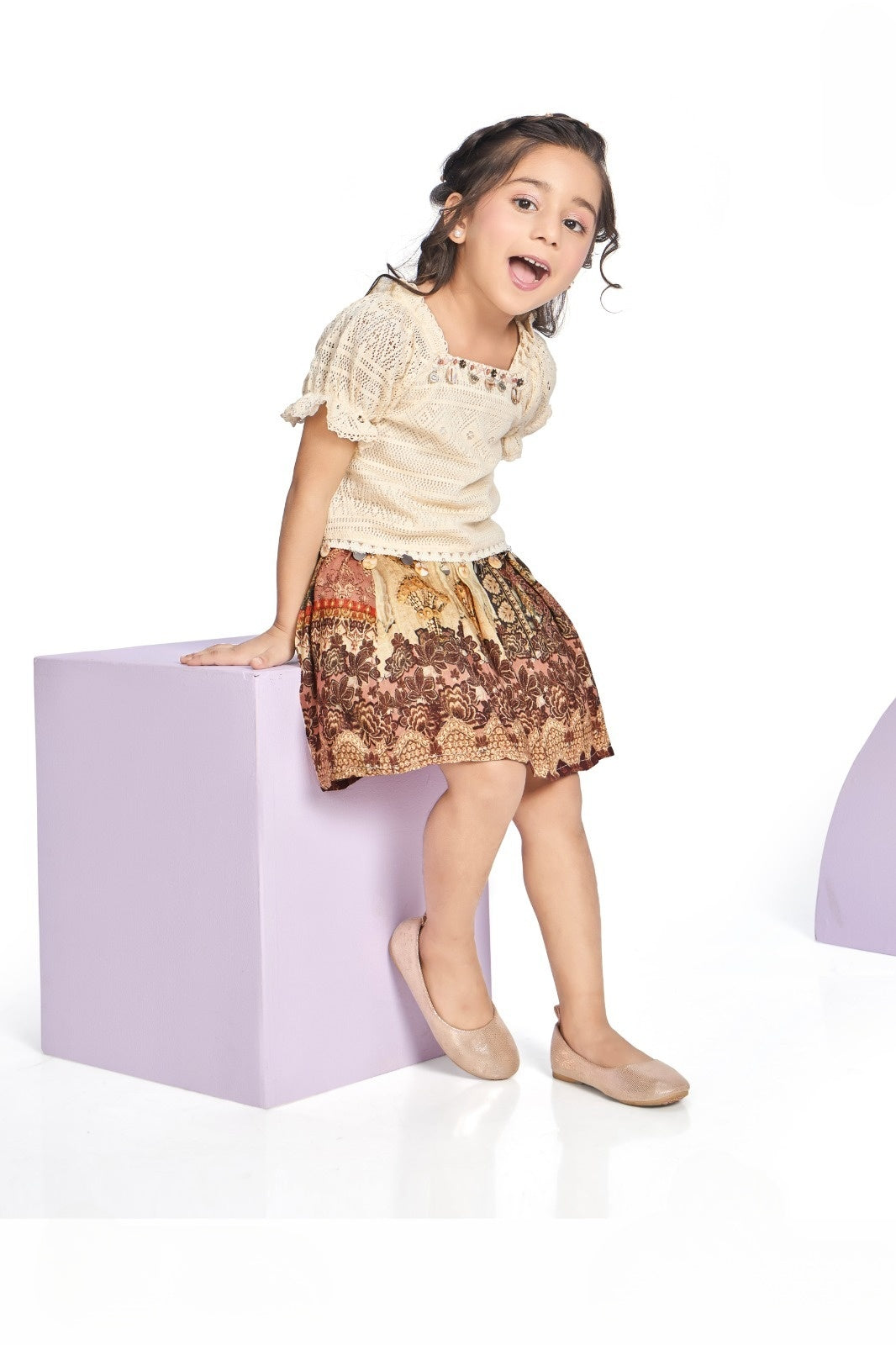 Beige Lace Top with Printed Skirt Set | Casual Ethnic Kids Outfit for Girls