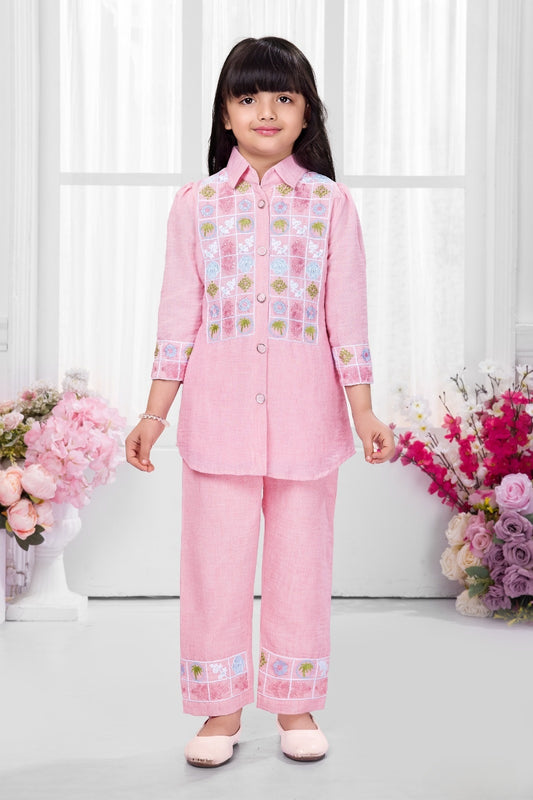 Pastel Pink Embroidered Kurti Set | Casual Wear Kids Outfit for Girls