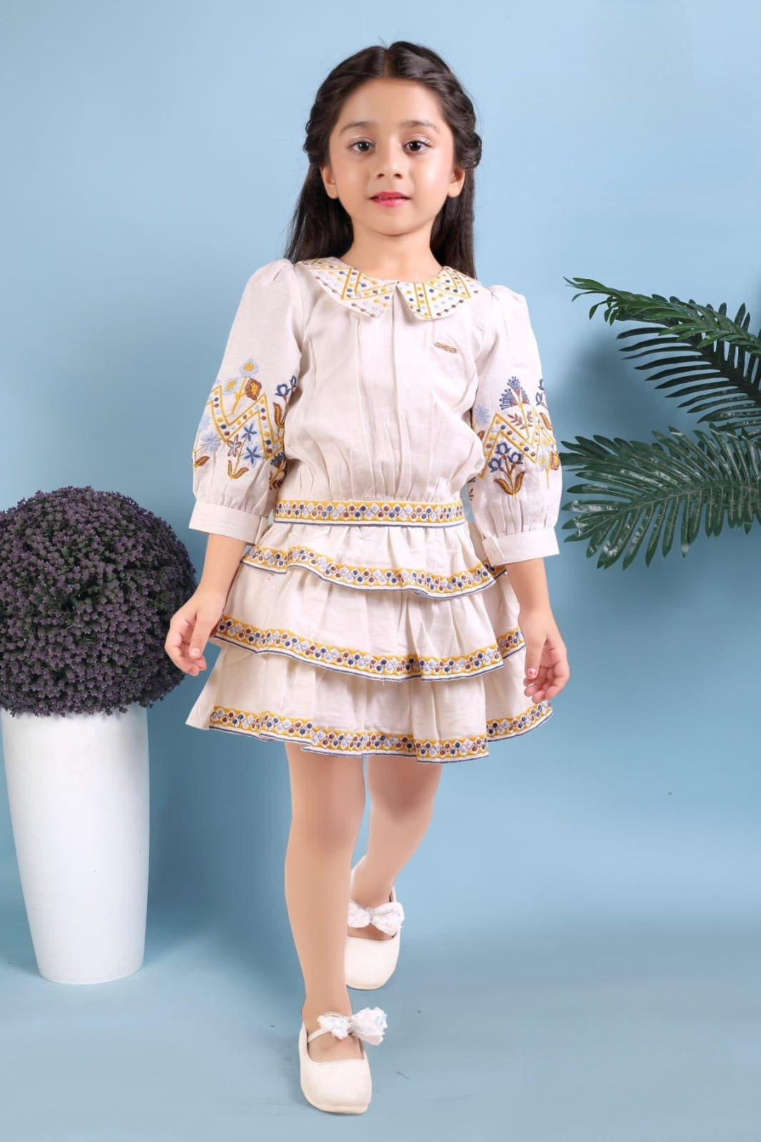 Ivory Cream Blossom Layered Skirt Top Set | Party Wear Kids Outfit for Girls