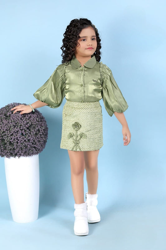 Olive Green Chic Skirt Top Co-ord Set | Party Wear Kids Outfit for Girls