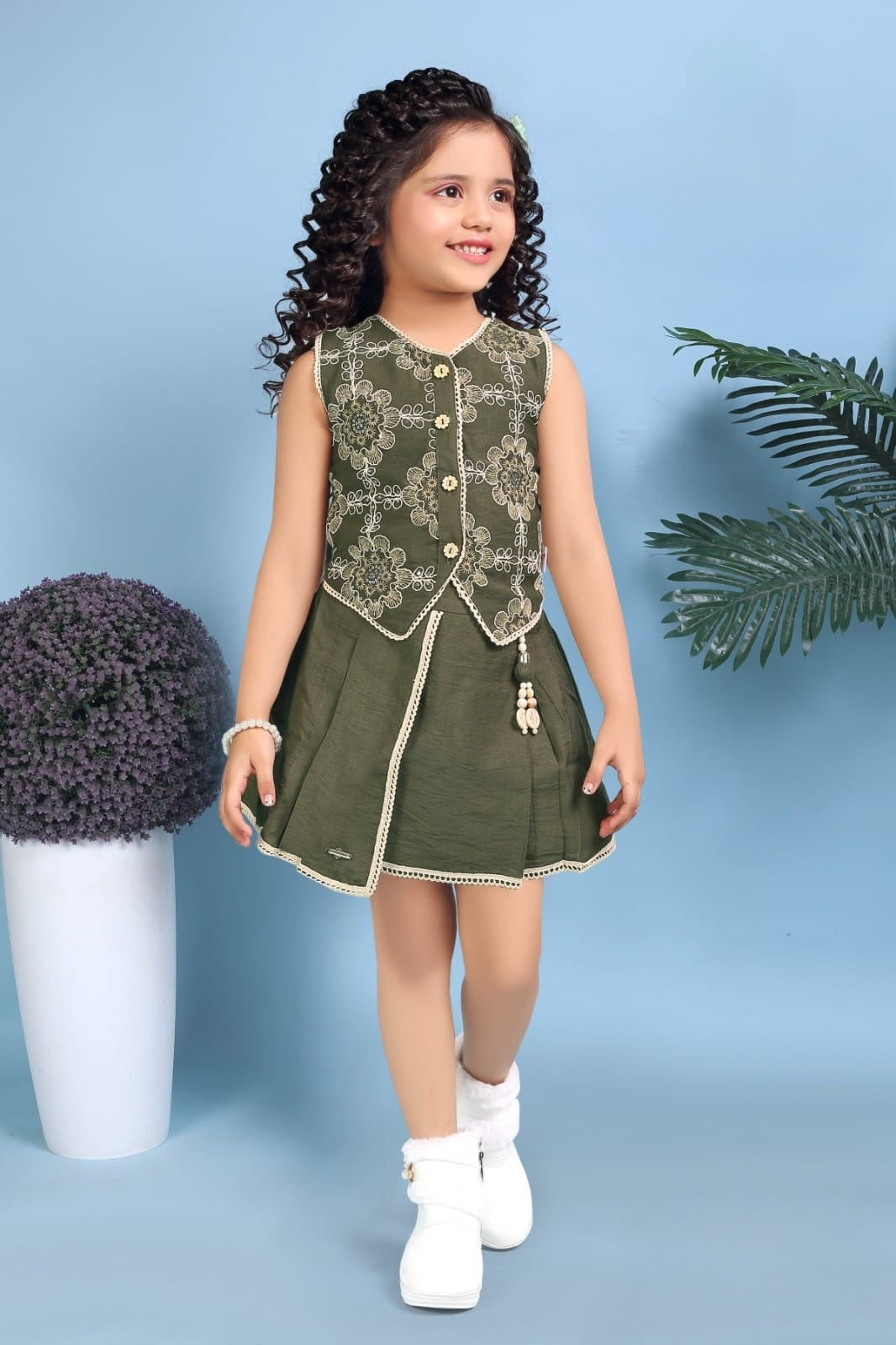 Olive Green Charm Skirt Top Set | Casual Wear Kids Outfit for Girls