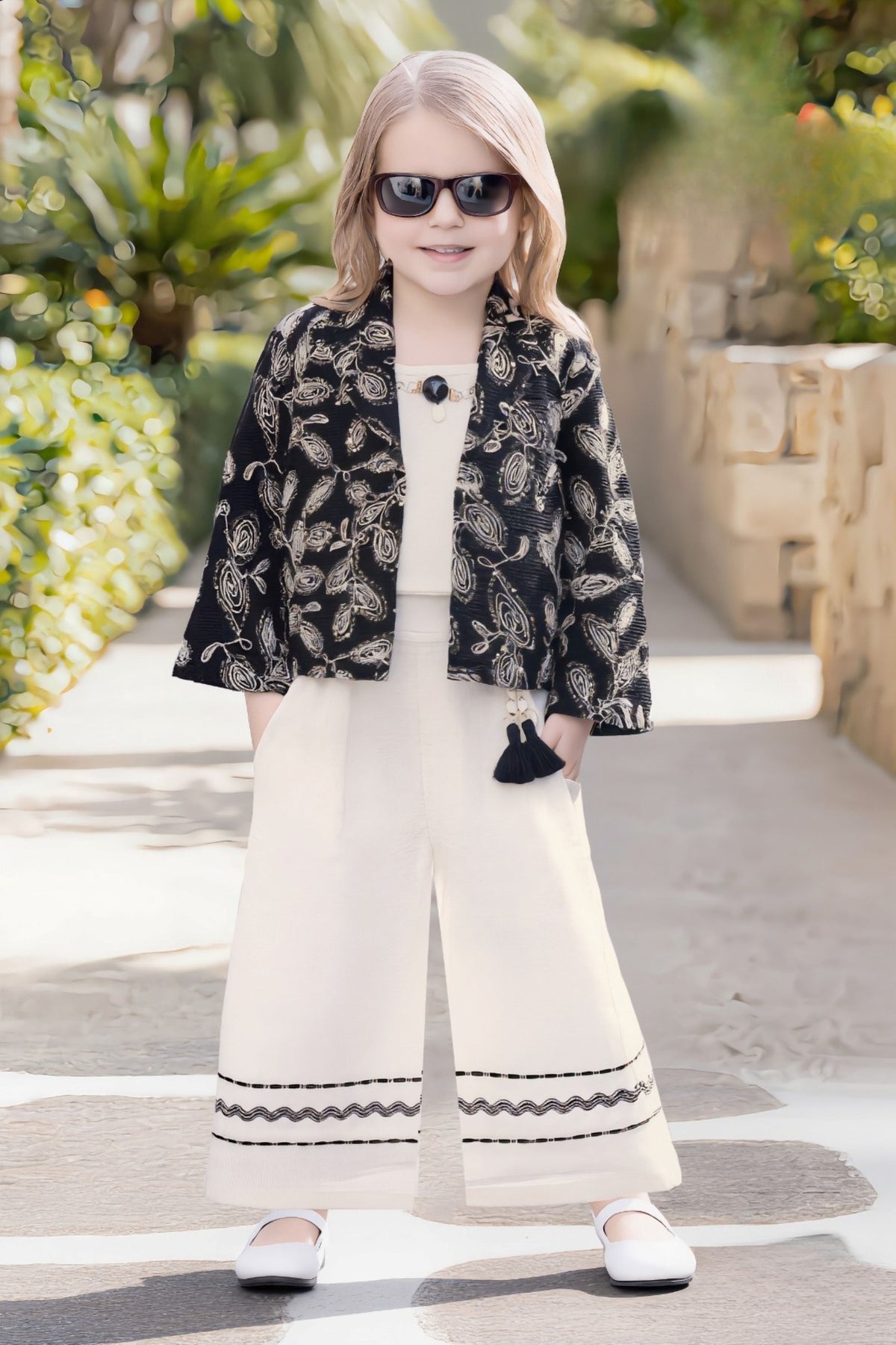 Ivory & Black Noir Designer Palazzo Set | Party Wear Kids Outfit for Girls