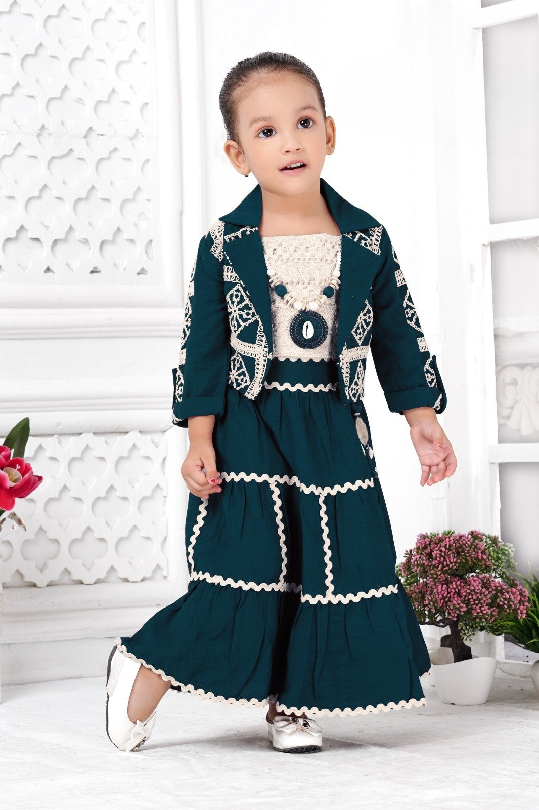 Emerald Green Grace Ethnic Skirt Top Set | Party Wear Kids Outfit for Girls