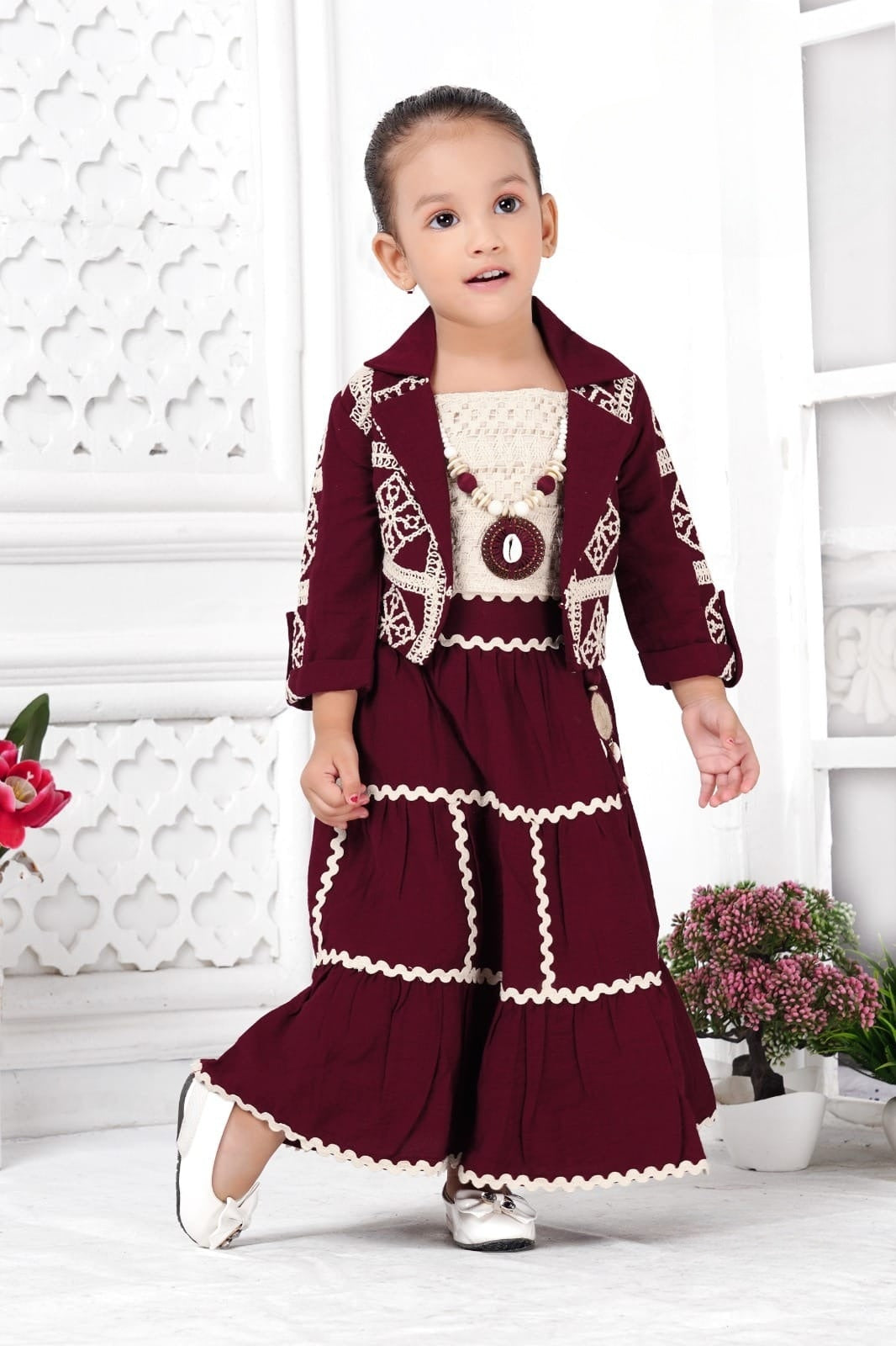 Emerald Green & Maroon Grace Ethnic Skirt Top Set | Party Wear Kids Outfit for Girls