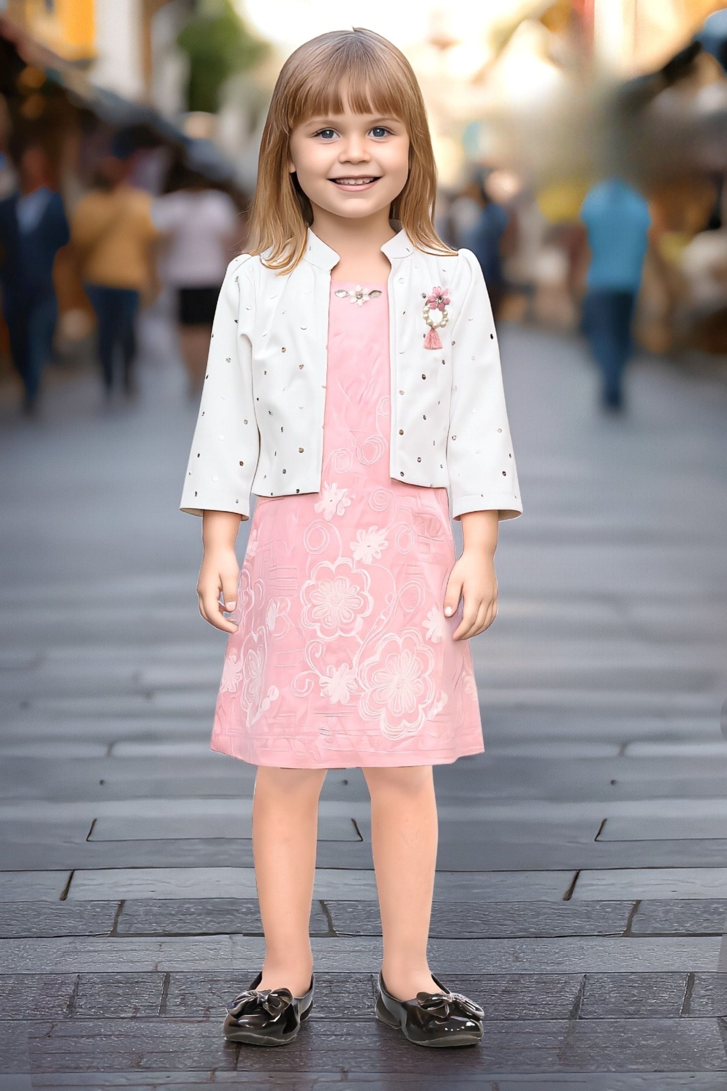 Blush Pink Blossom Party Short Frock | Party Wear Kids Dress for Girls