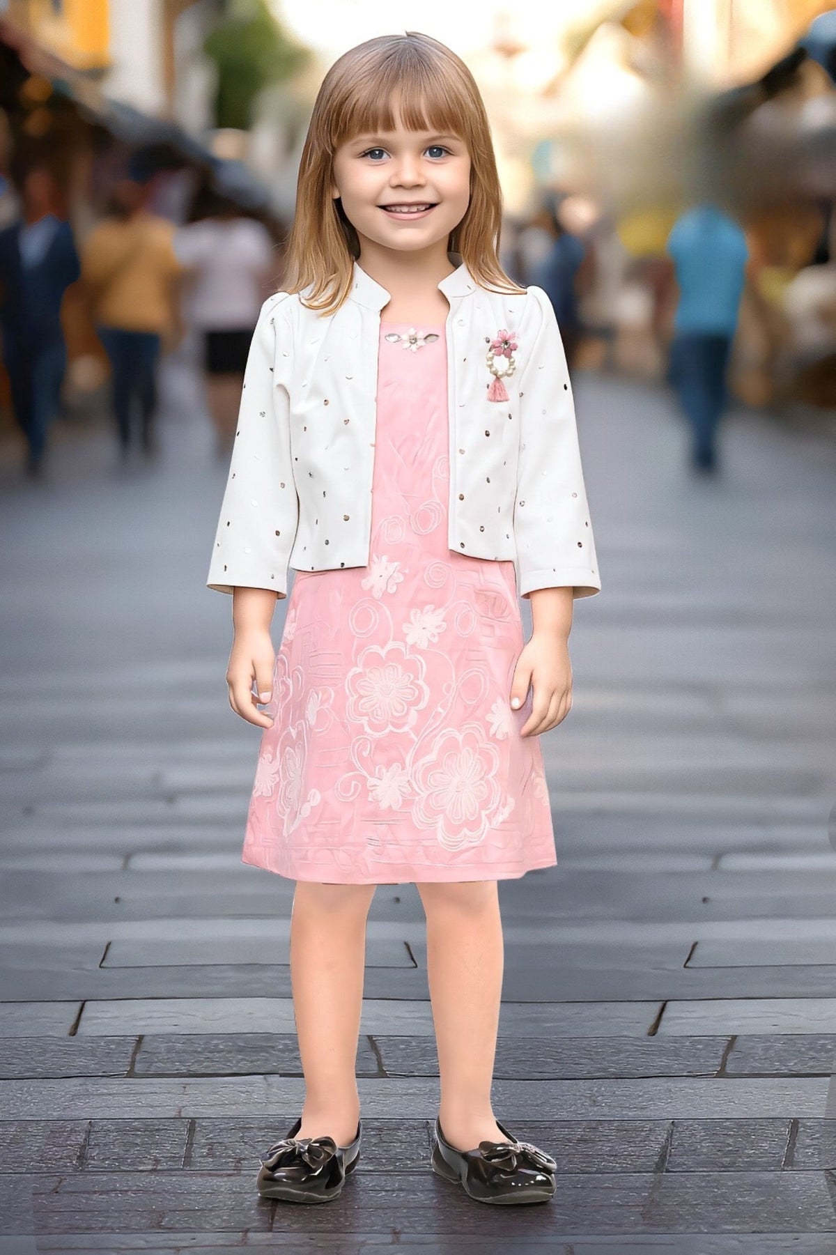 Blush Pink Blossom Party Short Frock | Party Wear Kids Dress for Girls