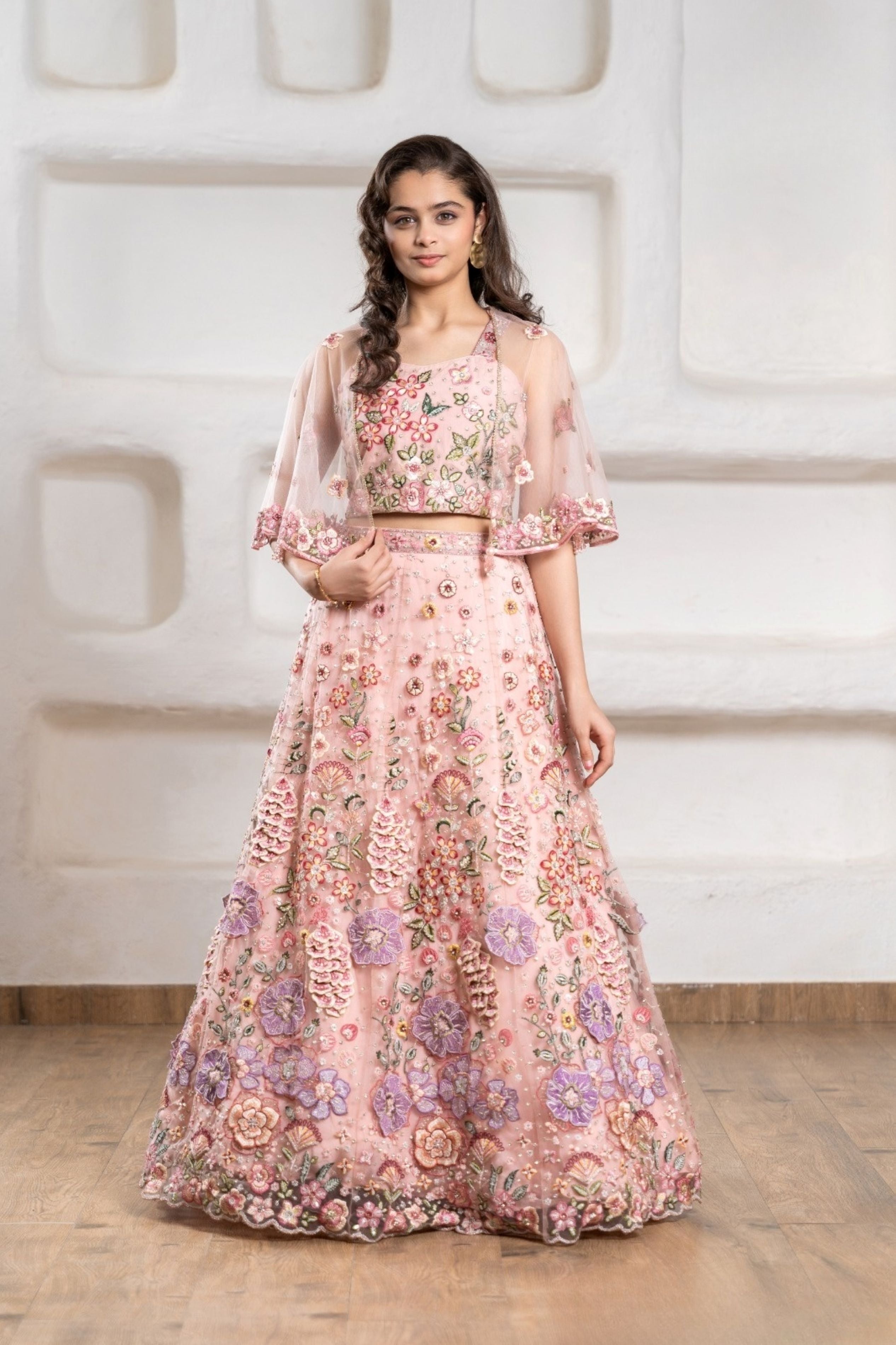 Girls Blush Pink Floral Cape Lehenga Set | Kids Ethnic Embroidered Wear for Wedding & Party