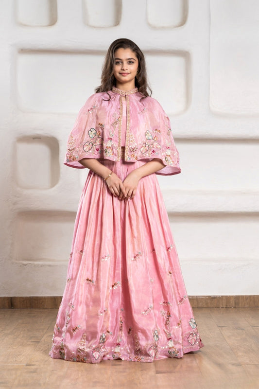 Girls Rose Pink Embroidered Cape Gown Lehenga Set | Kids Wedding & Festive Ethnic Wear