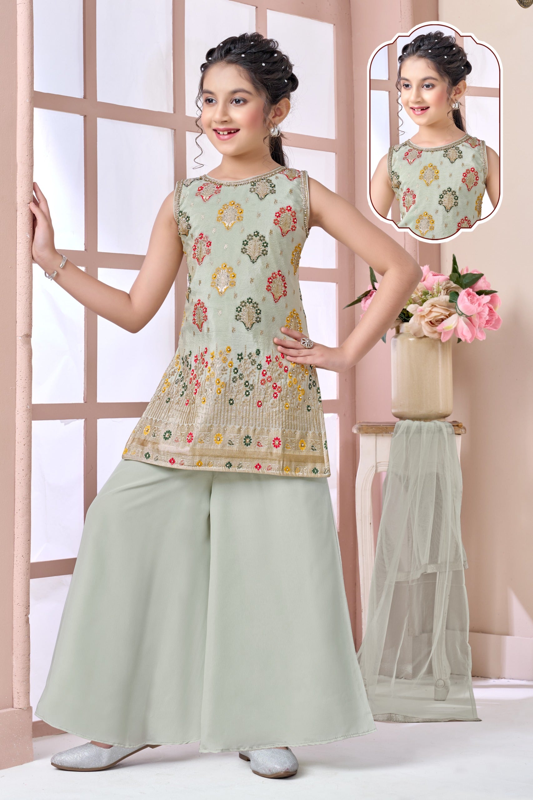 Girls Sage Green Sharara Set | Kids Ethnic Wear for Wedding & Festive