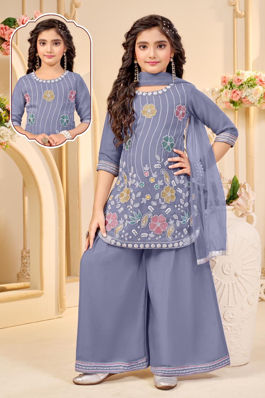 Girls Steel Grey Sharara Set | Kids Ethnic Wear for Wedding & Festive