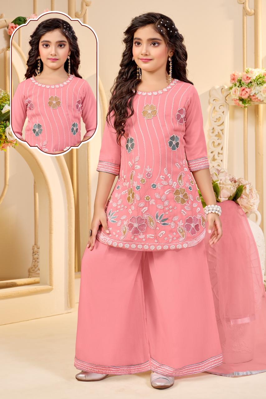 Girls Coral Pink Sharara Set | Kids Ethnic Wear for Wedding & Festive