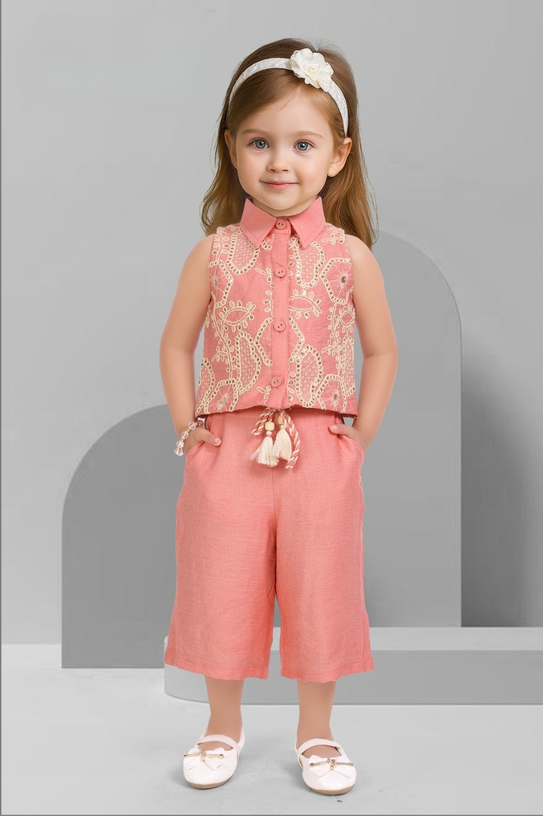 Baby Girls Peach Summer Outfit | Shirt & Culotte Set for Kids