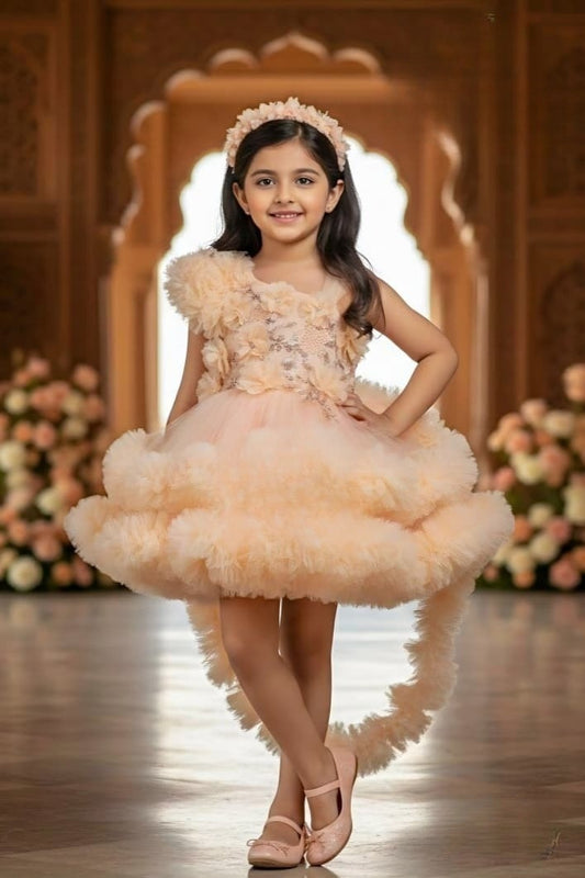 Baby Girls Peach Party Short Frock | High-Low Birthday Dress for Kids