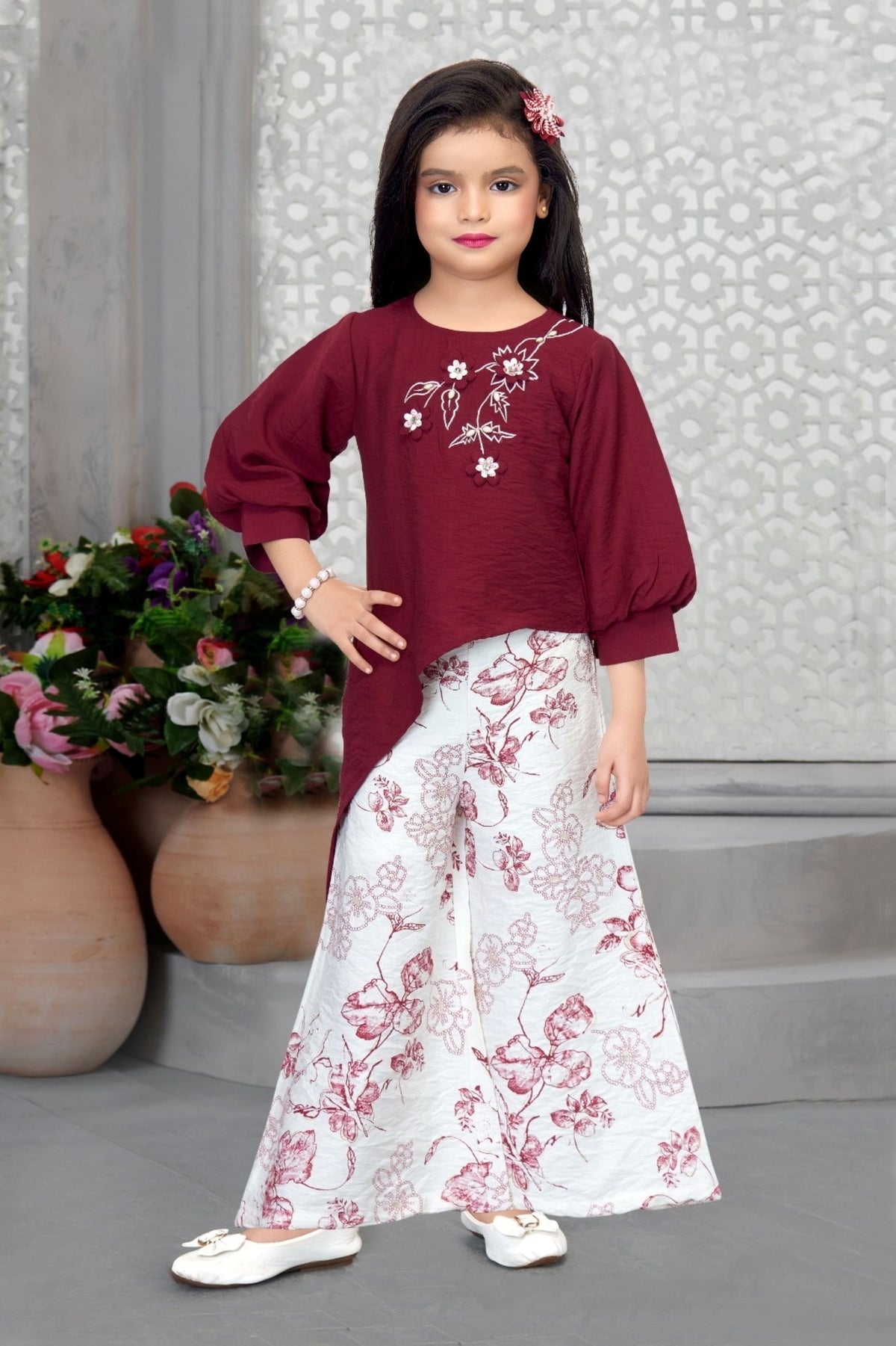 Maroon Floral Palazzo Set | Kids Ethnic Outfit for Girls