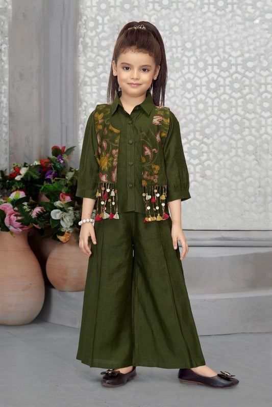 Olive Green Garden Palazzo Co-ord Set | Casual Wear Kids Outfit for Girls