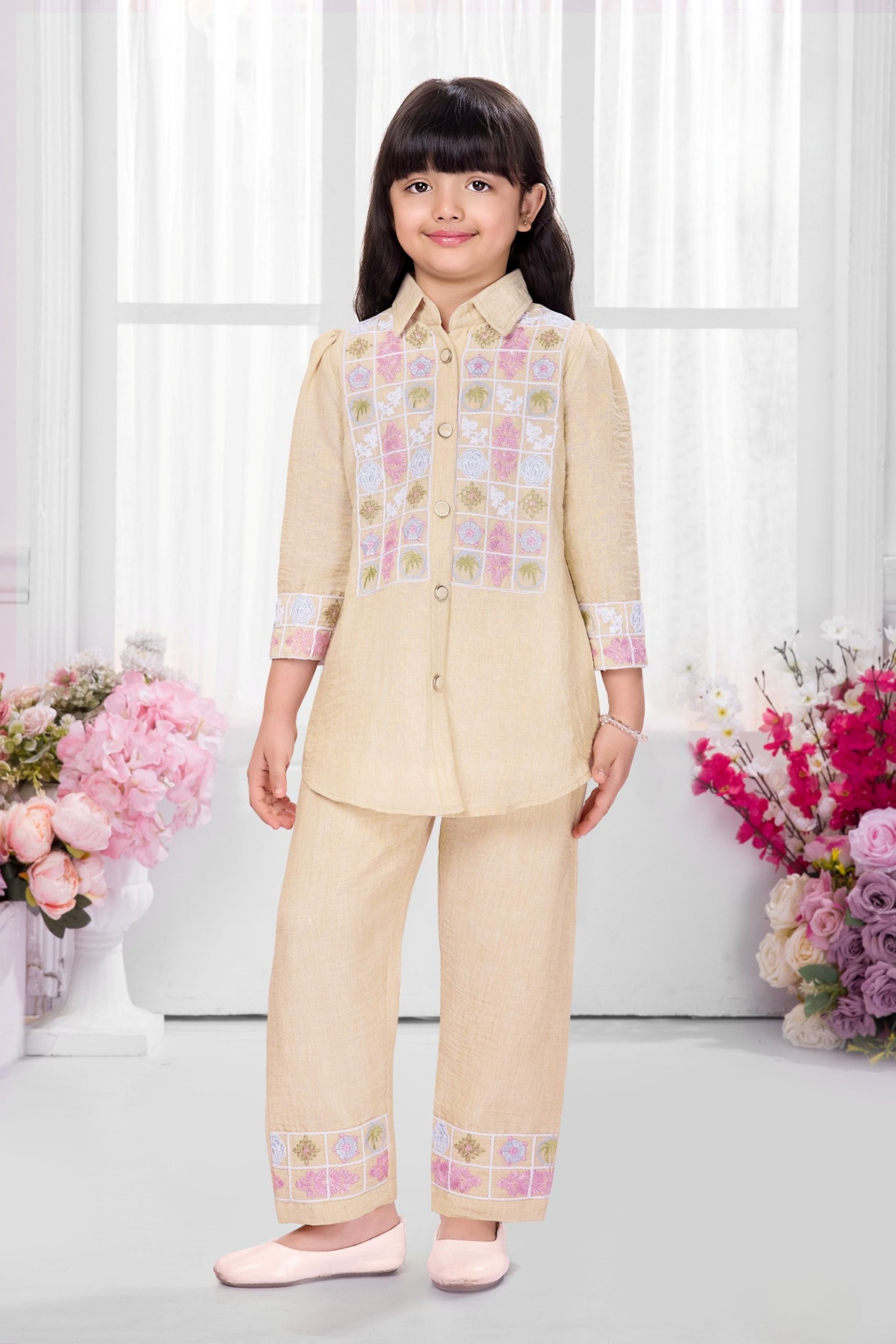 Beige Embroidered Kurta Pant Set with Pastel Threadwork | Kids Western Wear for Girls