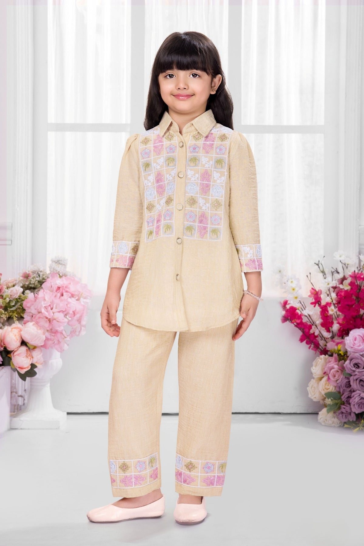 Beige Embroidered Kurta Pant Set with Pastel Threadwork | Kids Western Wear for Girls