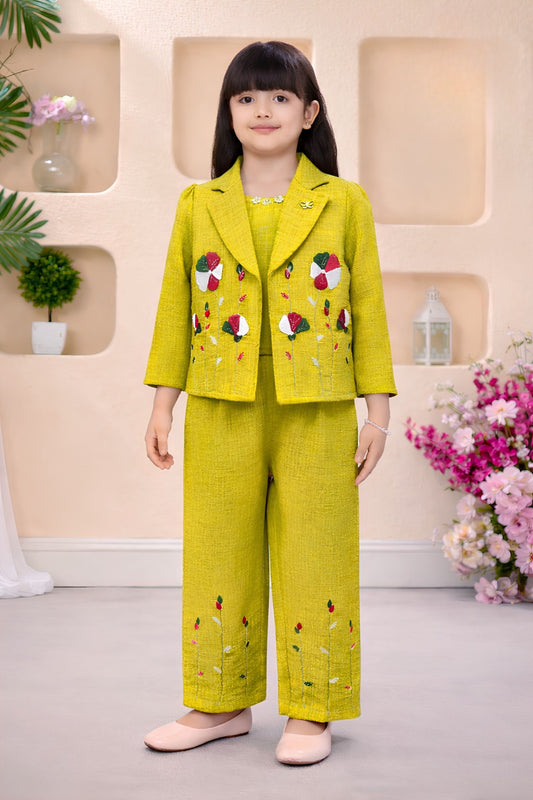 Lime Green Jacket Co-Ord Set with Crop Top & Palazzo | Western Wear Kids Outfit for Girls