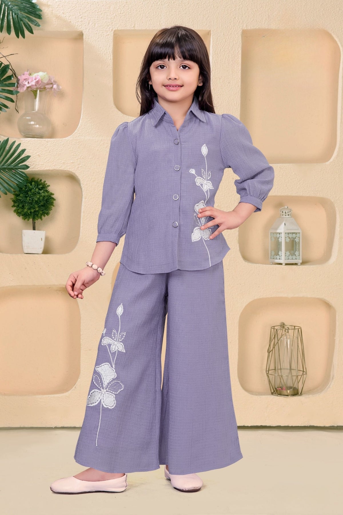 Purple Embroidered Shirt & Palazzo Co-Ord Set | Western Wear Kids Outfit for Girls