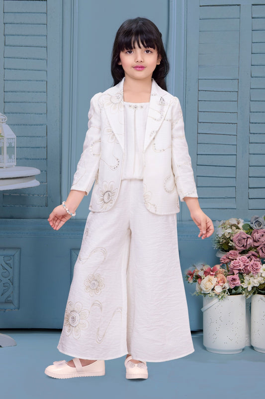 White Embroidered Jacket Co-Ord Set with Top & Palazzo | Kids Party Wear Outfit for Girls