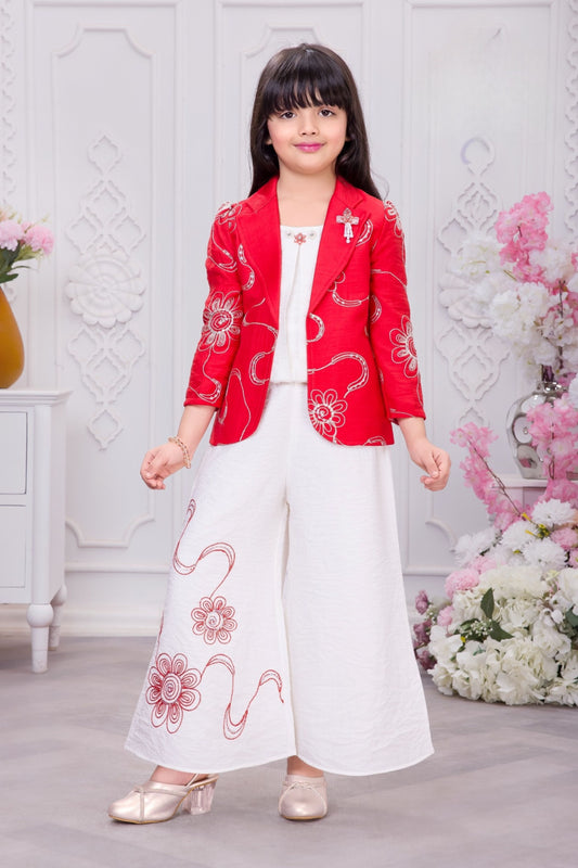 Red Embroidered Jacket Co-Ord Set with Ivory Top & Palazzo | Party Wear Outfit for Girls