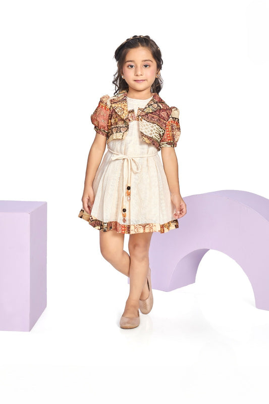 Beige Dress with Printed Jacket | Ethnic Fusion Party Wear Kids Outfit for Girls