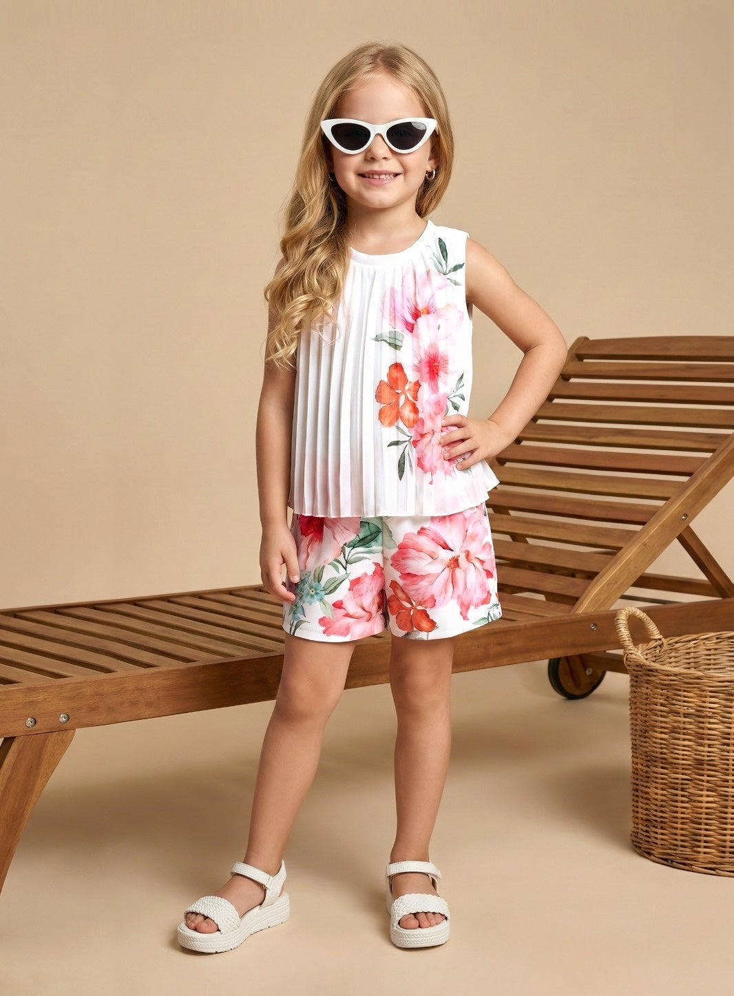 White Floral Printed Co-Ord Set with Pleated Top | Casual Kids Outfit for Girls