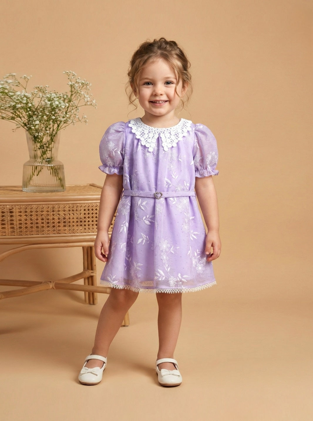 Lavender Floral Dress with Lace Collar & Belt | Party Wear Kids Dress for Girls