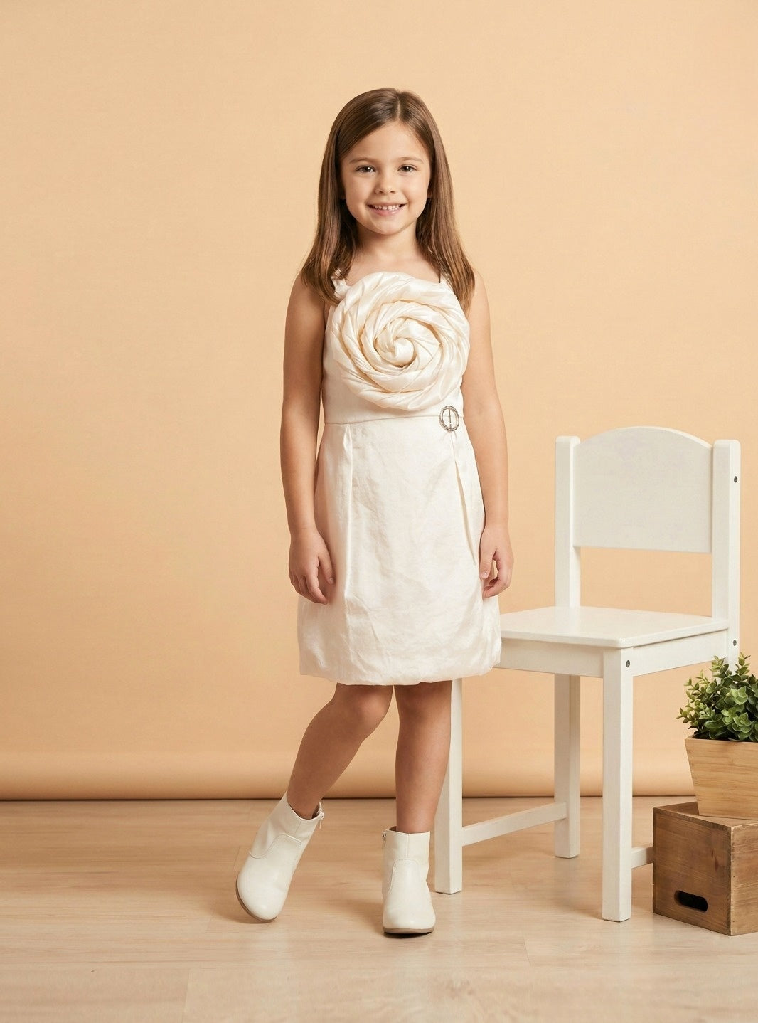 Ivory Rose Party Dress with Waist Detail | Party Wear Kids Dress for Girls