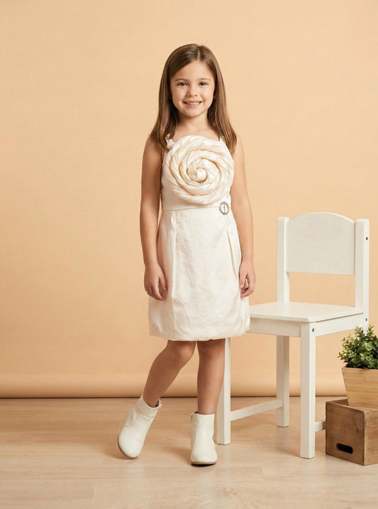Ivory Rose Party Dress with Waist Detail | Party Wear Kids Dress for Girls