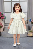 Sage Green Embroidered Dress with Puff Sleeves & Bow Belt | Party Wear Kids Dress for Girls