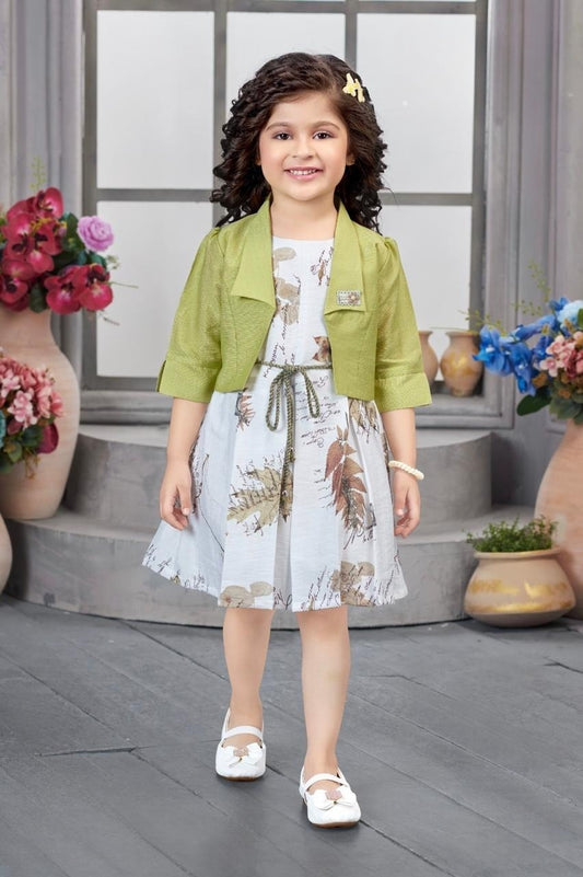 Leaf Print Dress with Olive Green Shrug Jacket | Casual Party Wear Kids Outfit for Girls