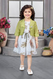 Leaf Print Dress with Olive Green Shrug Jacket | Casual Party Wear Kids Outfit for Girls