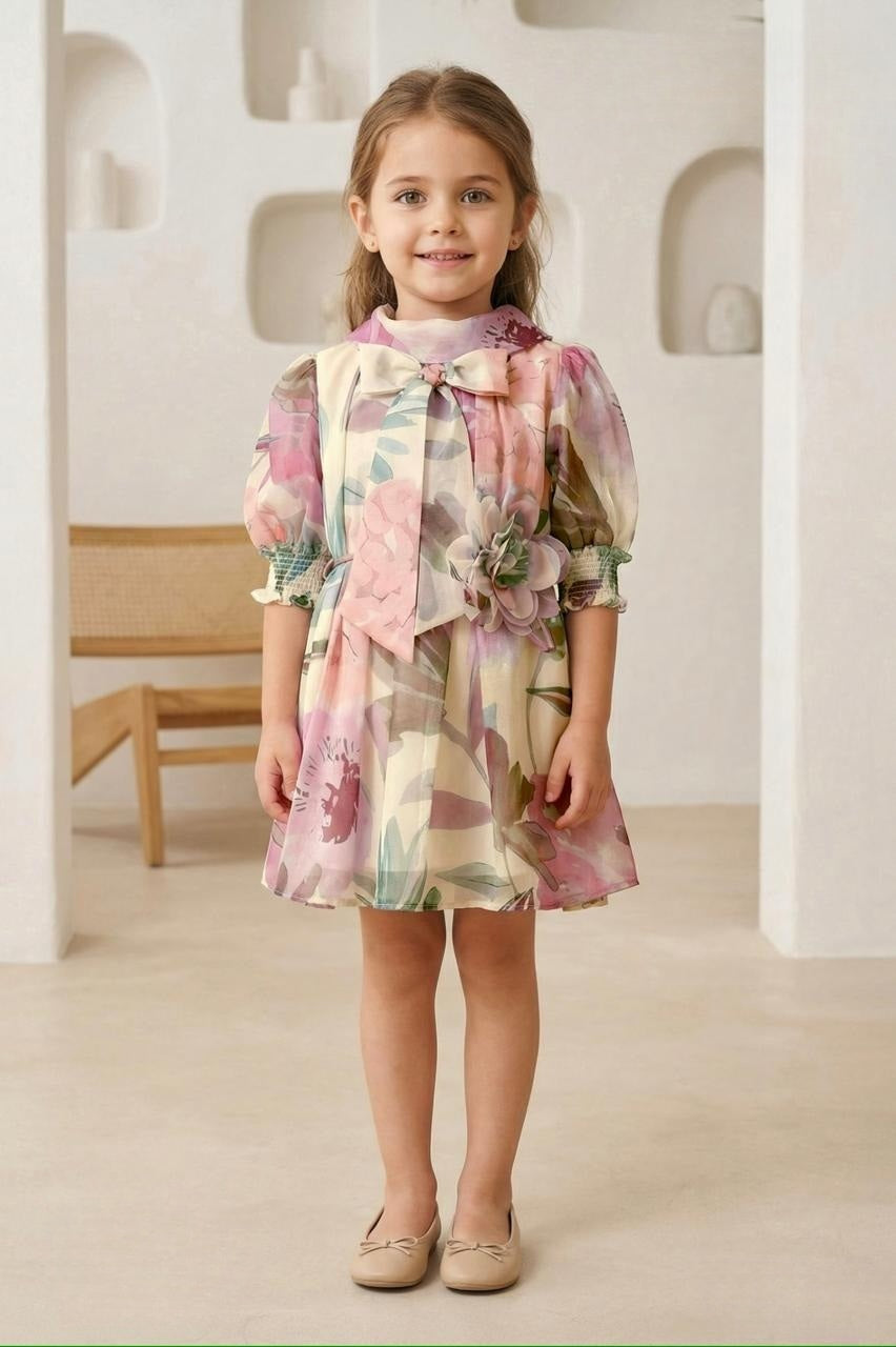 Pastel Floral Printed Dress with Bow Neck & 3D Flower Detail | Party Wear Kids Dress for Girls