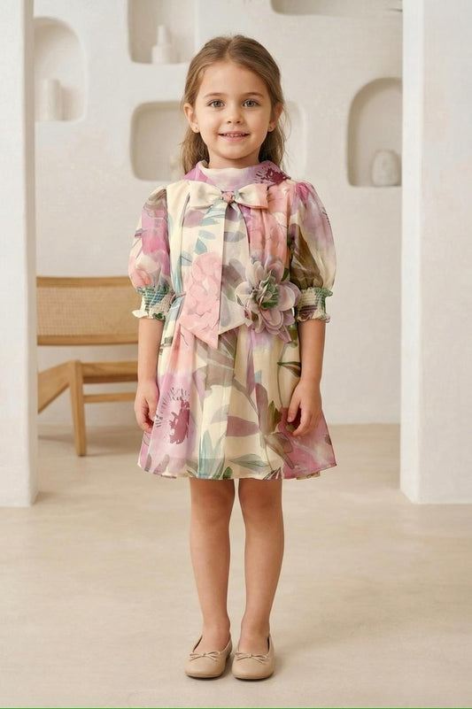 Pastel Floral Printed Dress with Bow Neck & 3D Flower Detail | Party Wear Kids Dress for Girls
