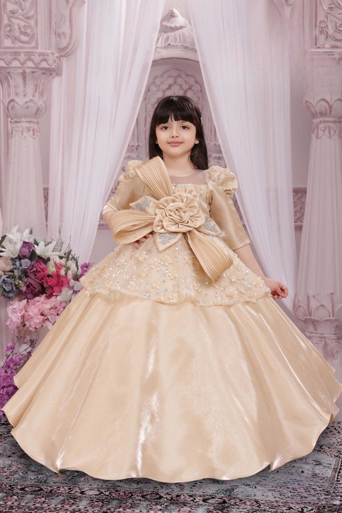 Champagne Gold Princess Ball Gown with Floral  Bow | Party Dress for Girls