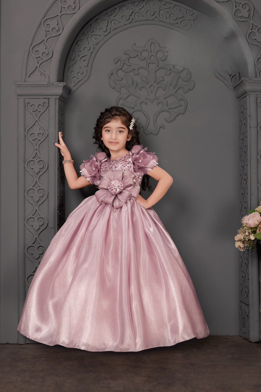 Dusty Rose Princess Ball Gown with Sequin Floral Bow | Party Wear Dress for Girls