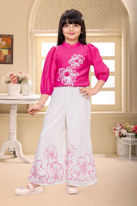 Hot Pink Embroidered Top with White Floral Palazzo | Casual Kids Co-Ord Outfit for Girls