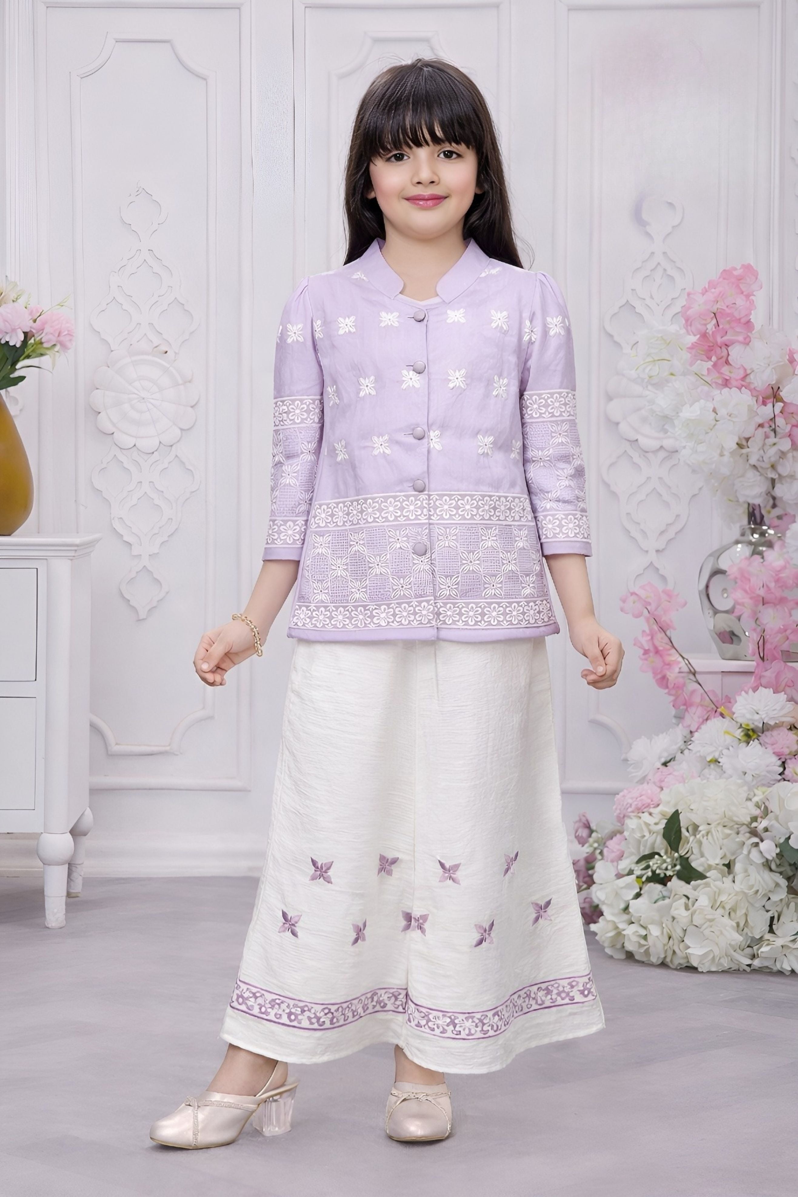 Purple Embroidered Kurta with Ivory Palazzo Set | Kids Western Wear Outfit for Girls