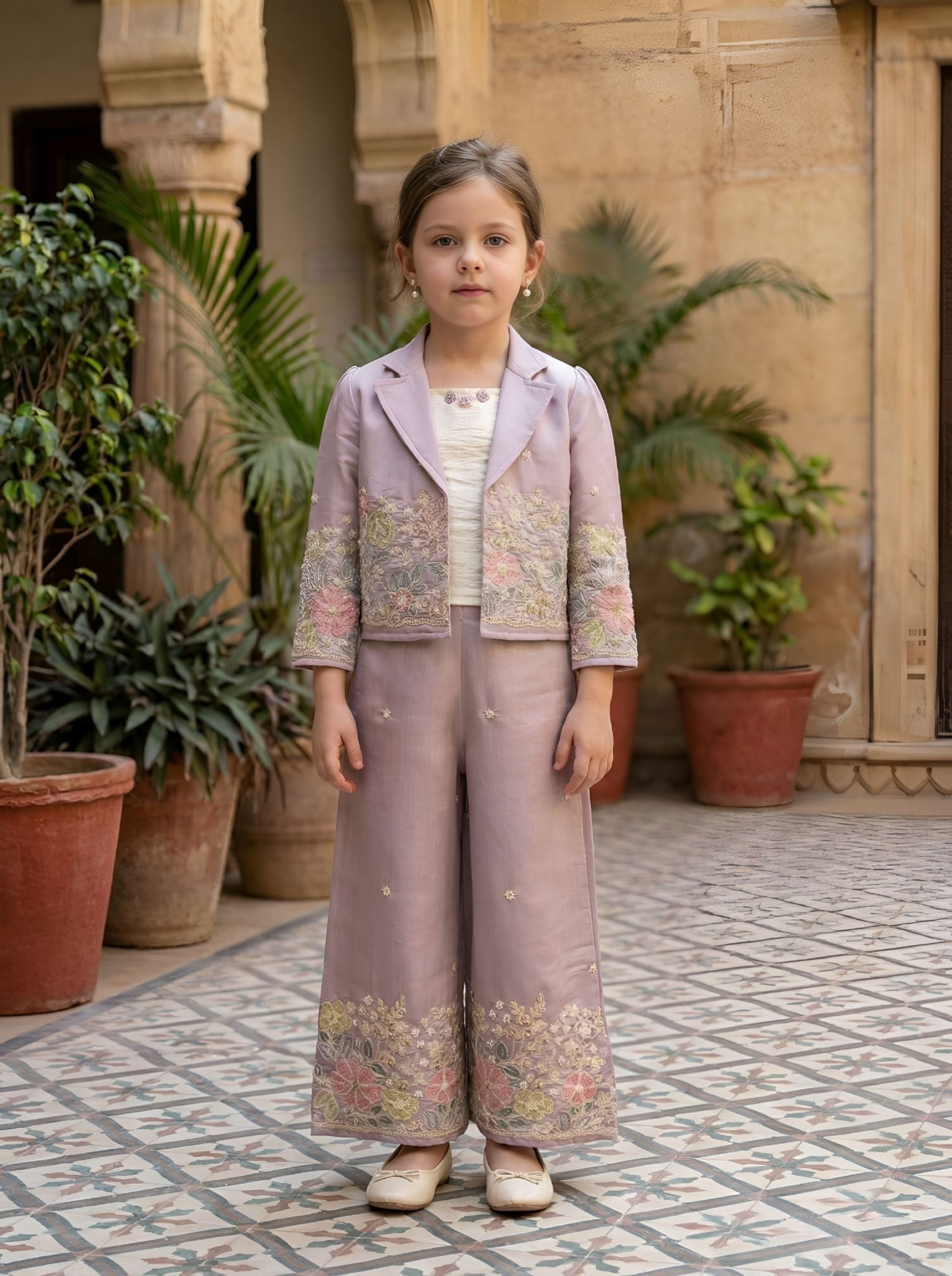 Purple Embroidered Jacket Co-Ord Set with Top & Palazzo | Kids Western Wear Outfit for Girls