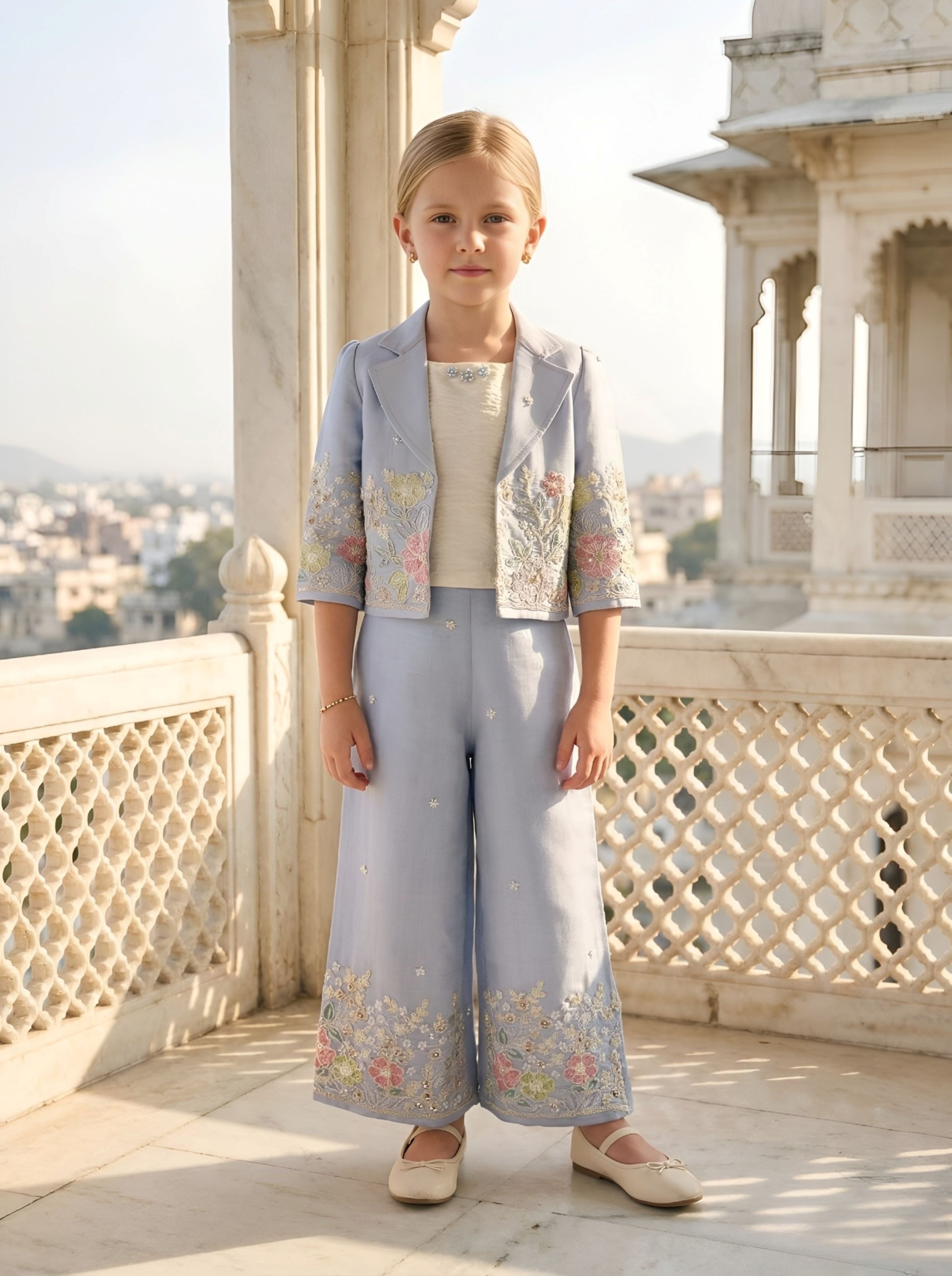 Blue Embroidered Jacket Co-Ord Set with Top & Palazzo | Kids Western Wear Outfit for Girls