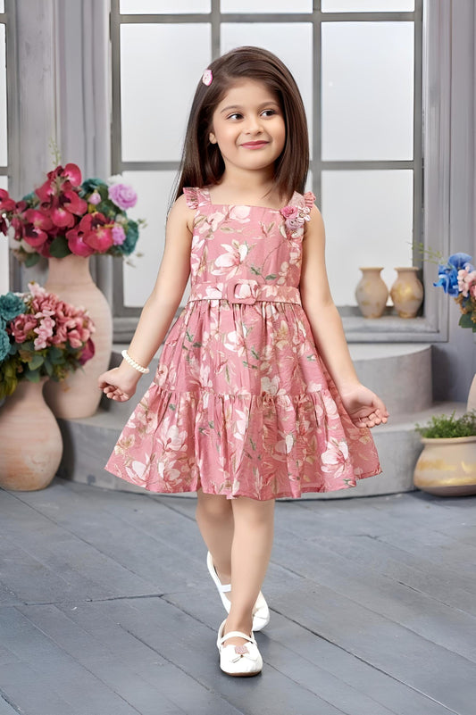 Rose Wine Floral Layered Short Frock with Belt | Casual Wear Kids Dress for Girls
