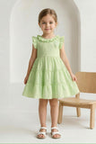 Mint Green Tiered Ruffle Short Frock with Floral Detail | Casual Wear Kids Dress for Girls