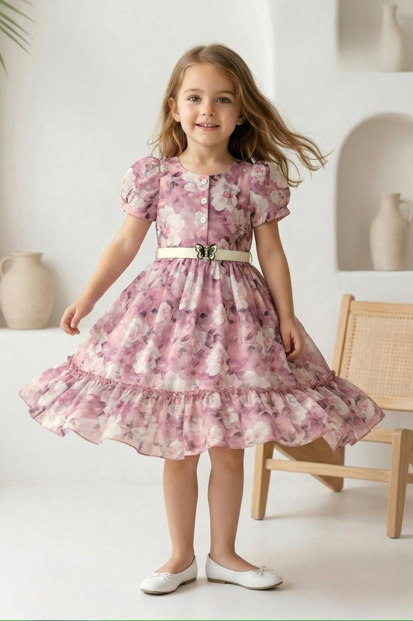 Wine Floral Ruffle Short Frock with Belt | Casual Wear Kids Dress for Girls