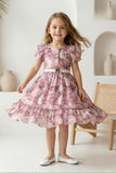 Wine Floral Ruffle Short Frock with Belt | Casual Wear Kids Dress for Girls