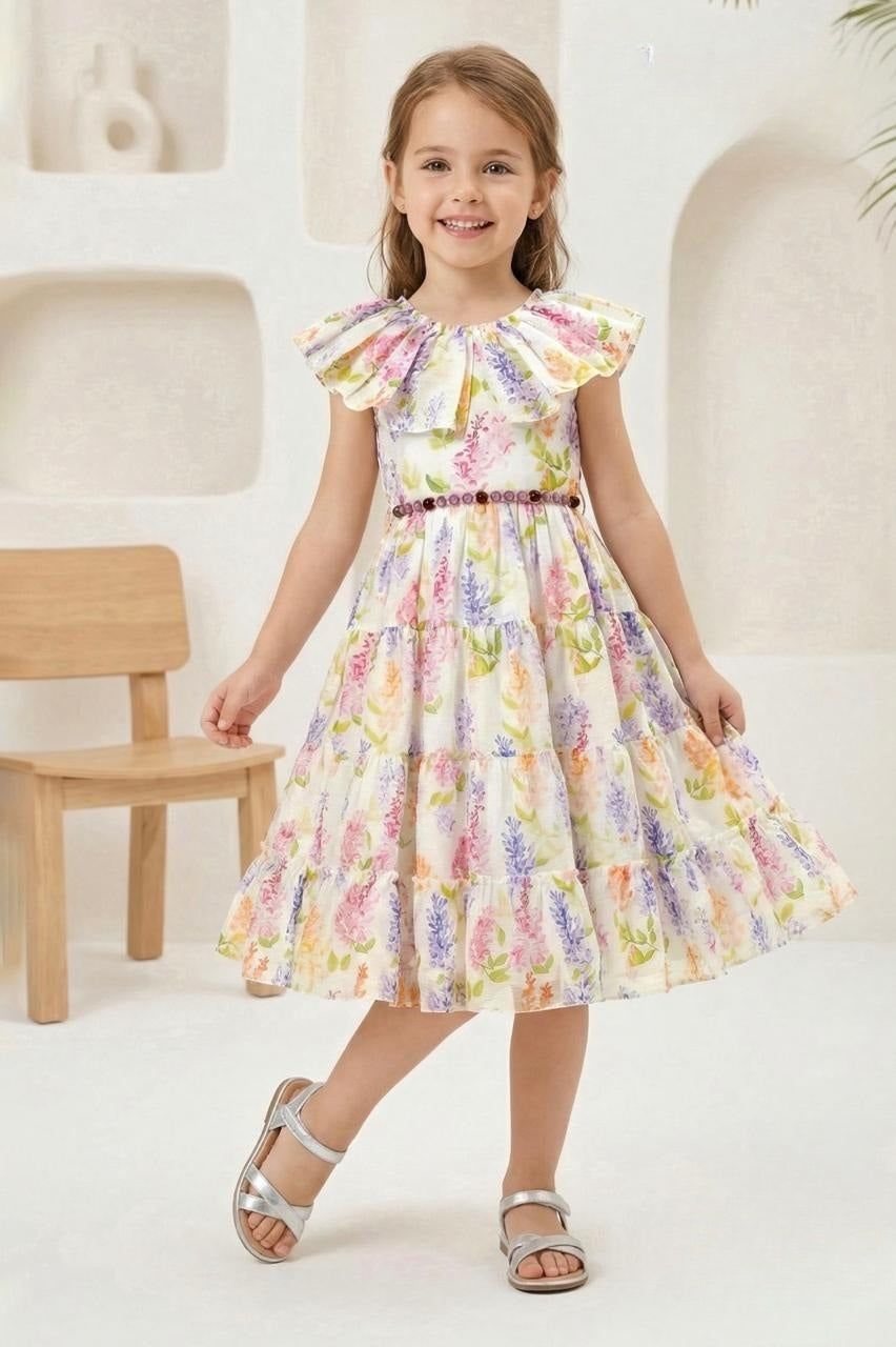 Pastel Floral Tiered Short Frock with Ruffle Neck | Casual Wear Kids Dress for Girls
