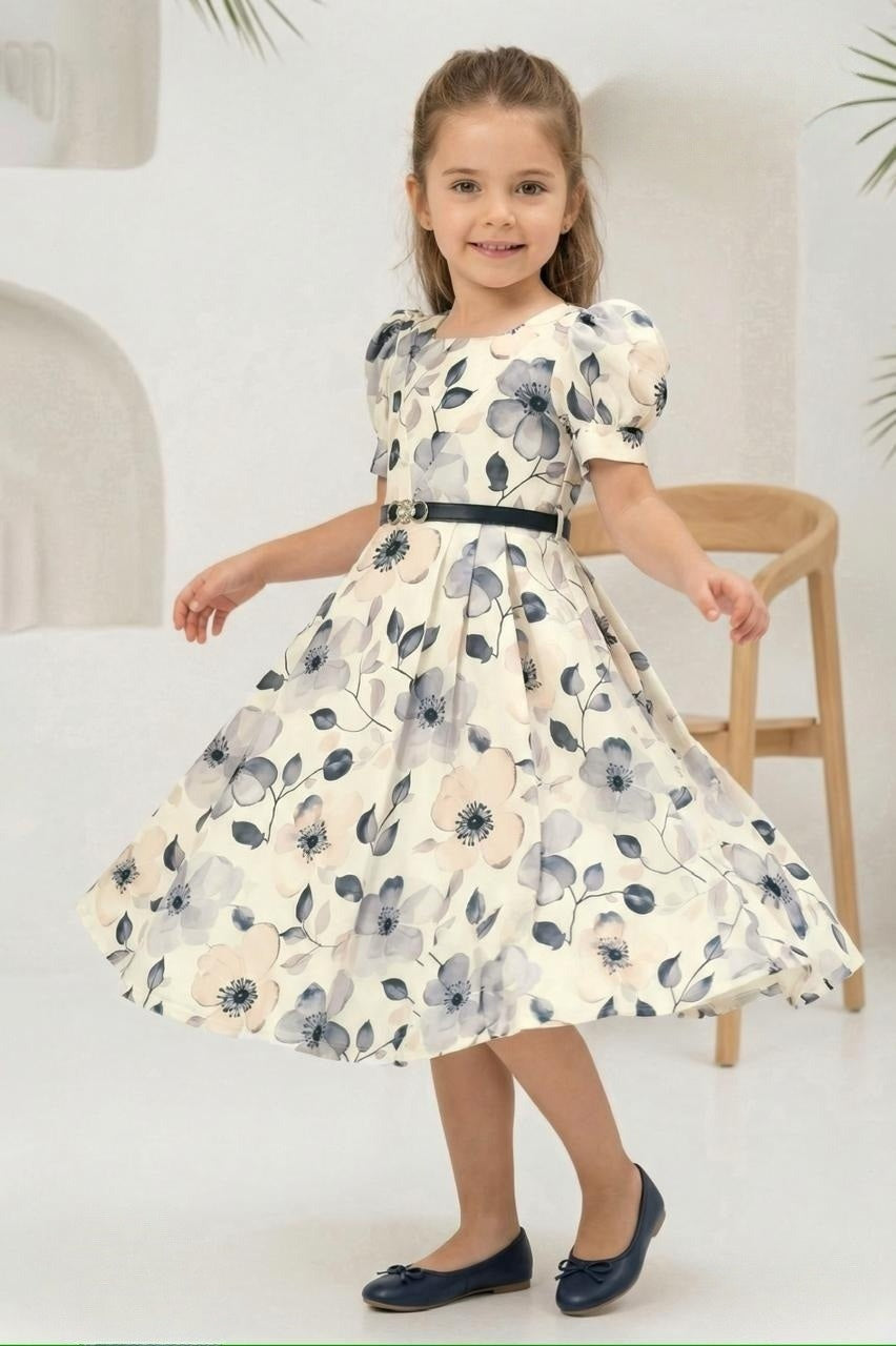 Black Floral Fit & Flare Short Frock with Belt | Casual Wear Kids Dress for Girls