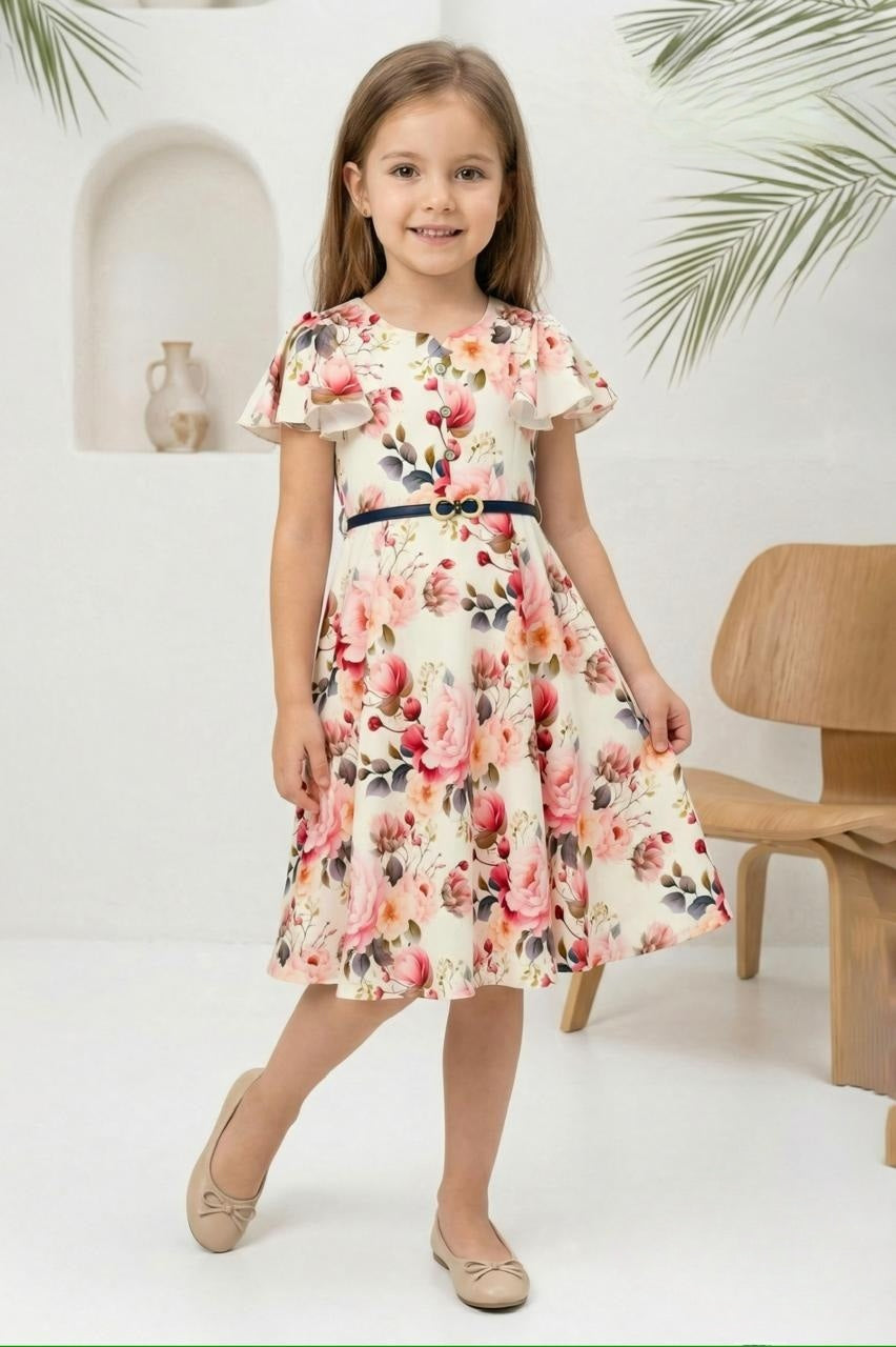 Cream Rose Floral Fit & Flare Short Frock with Belt | Casual Wear Kids Dress for Girls