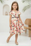 Cream Rose Floral Fit & Flare Short Frock with Belt | Casual Wear Kids Dress for Girls